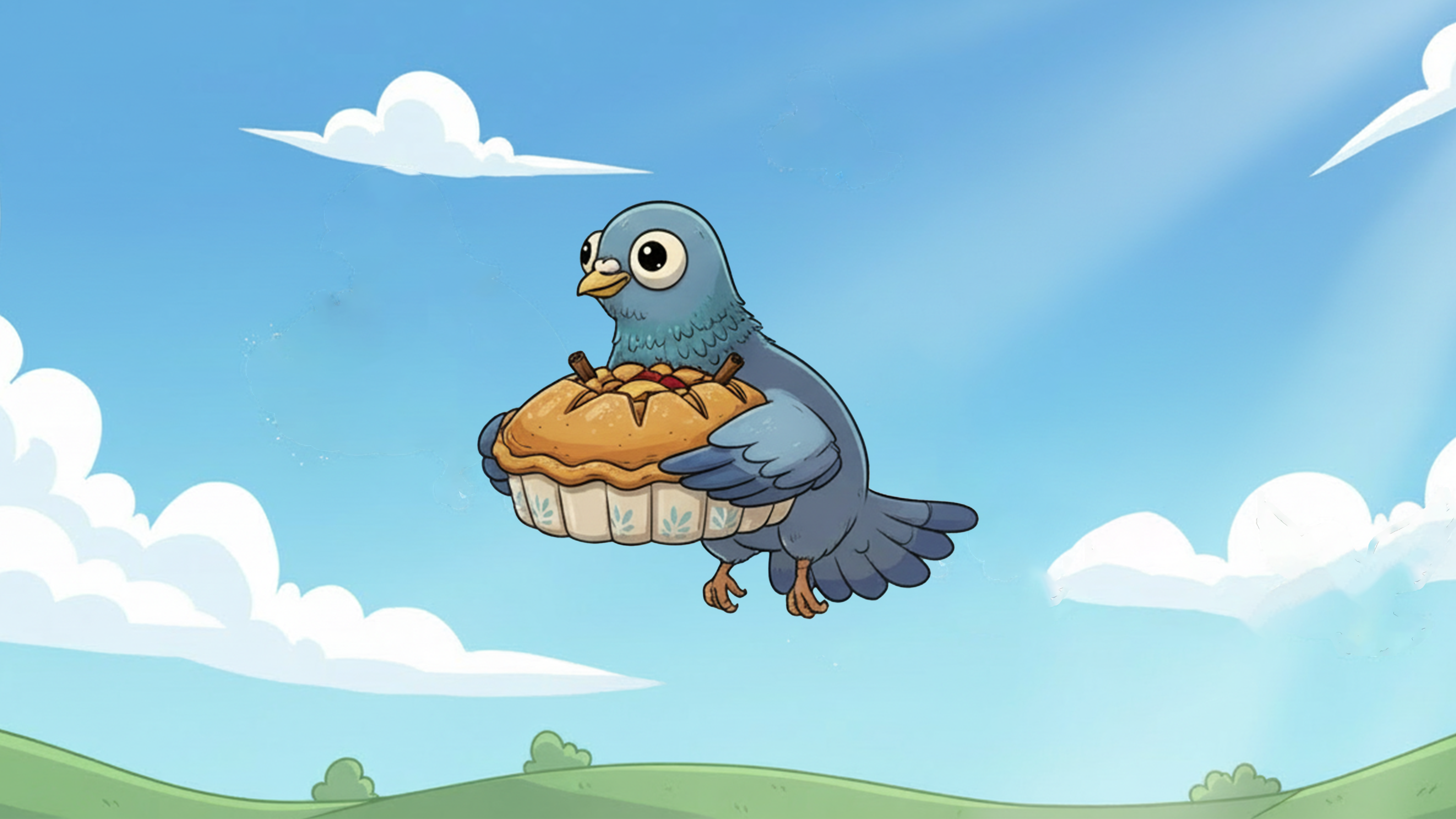 A pigeon flying with a pie, illustrated in a warm animated style